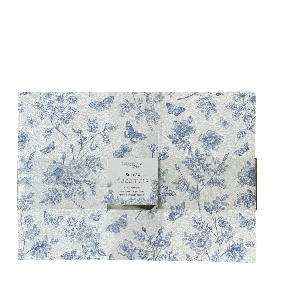 Mint & Ivy Faux Leather Placemats 13x18 Blue & White Floral Butterfly Set of 4